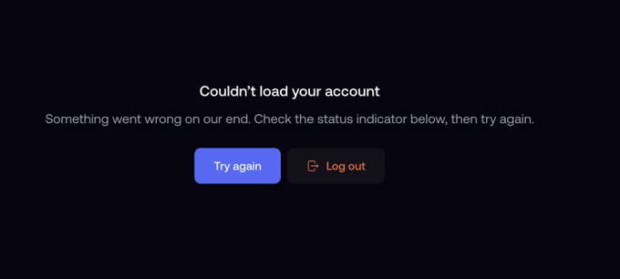 A dark error screen displays the message 'Couldn't load your account' with a subtext explaining something went wrong, accompanied by blue 'Try again' and orange 'Log out' buttons.