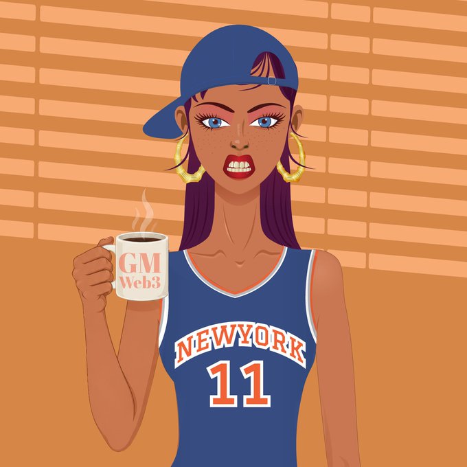 Illustration of a woman wearing a blue backwards cap, gold hoop earrings, and a 'NEWYORK 11' jersey, holding a coffee mug labeled 'GM Web3'.