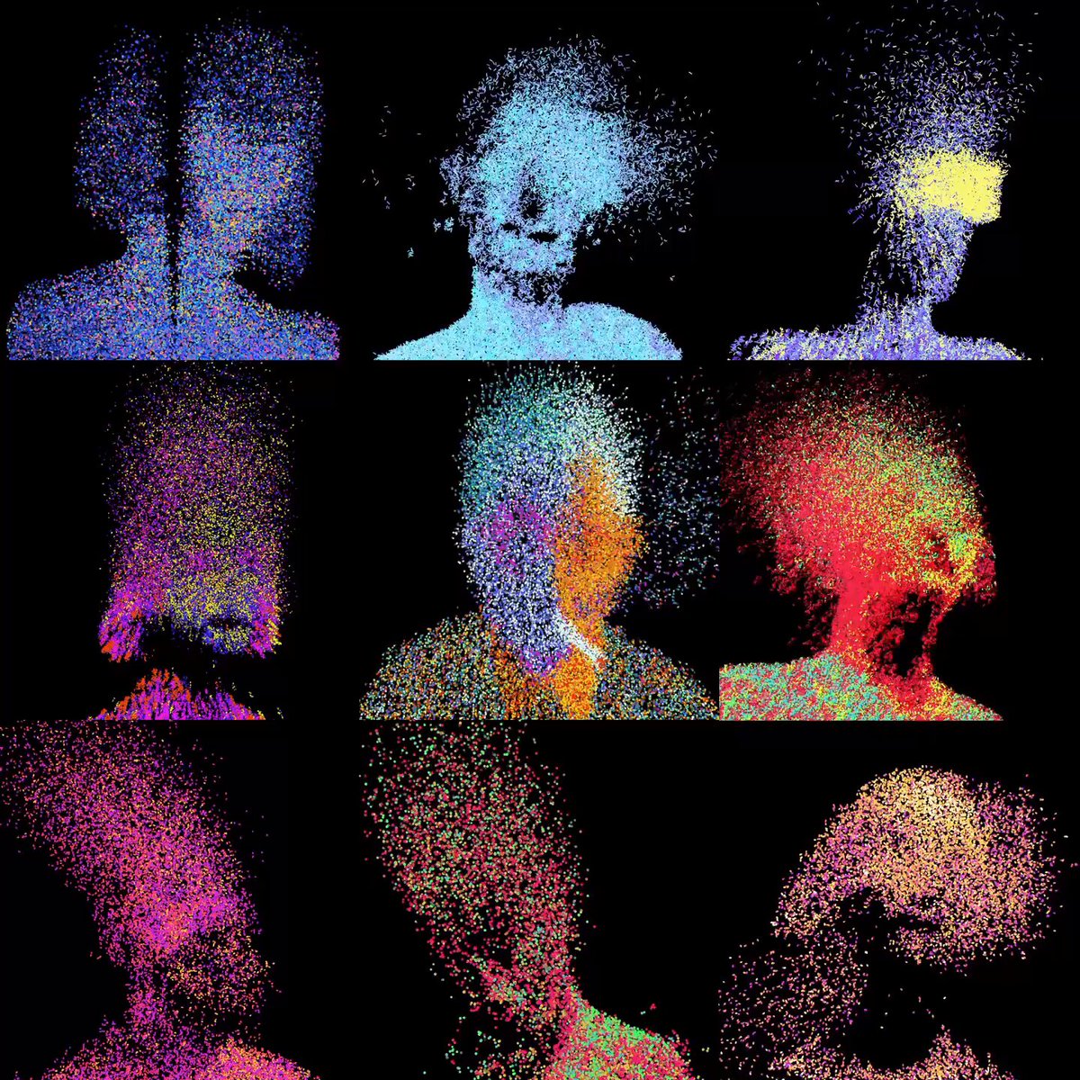 The image features a collection of nine different photographs depicting people's faces with their hair blown into a cloud-like shape against a black background. The photos are arranged in a grid format, showcasing various hairstyles and colors. The caption accompanying the image reads "New day, new P⊙RTR∆ITS grid".