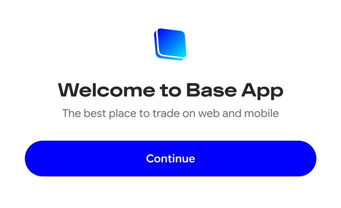 A welcome screen for "Base App" with the tagline "The best place to trade on web and mobile" appears above a bold blue "Continue" button, inviting users to proceed as encouraged by the post.