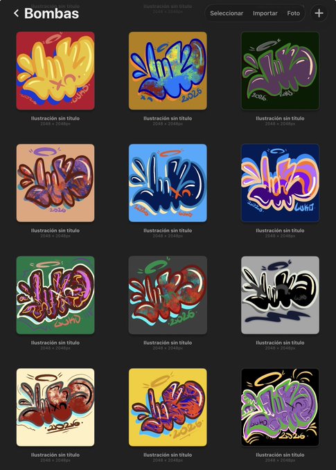 A mobile app gallery titled 'Bombas' displays a grid of graffiti-style illustrations in various color schemes, each labeled 'Ilustración sin título' and '2048 x 2048px'.