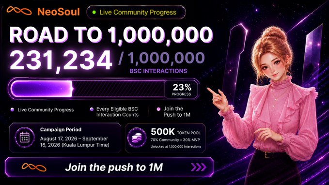 A NeoSoul promotional banner showing 'Road to 1,000,000' BSC interactions campaign, currently at 231,234/1,000,000 (23% progress) with a 500K token pool, running August 17 - September 16, 2026, featuring an animated woman in a pink blouse.