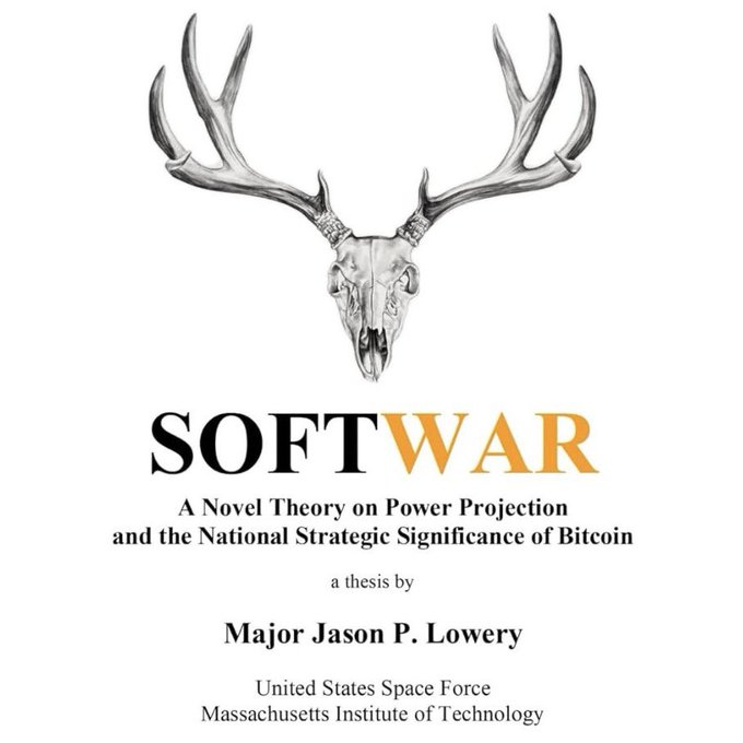 The image is a title slide for "Softwar: A Novel Theory on Power Projection and the National Strategic Significance of Bitcoin," a thesis by Major Jason P. Lowery of the United States Space Force at MIT, featuring an illustration of a deer skull with antlers.

The connection to the post: Like deer who evolved antlers—a visually striking display that evolved as an alternative to bloody combat—humans (per Major Lowery's thesis) have evolved Bitcoin, an energy-intensive proof-of-work system that channels aggressive competitive instincts into peaceful economic "software wars," serving as a non-violent mechanism for power projection and international conflict resolution.