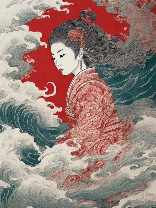 A stylized Japanese ukiyo-e style illustration of a woman in an ornate kimono with elaborate hair accessories, surrounded by swirling ocean waves against a bold red background.