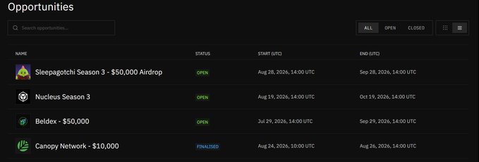 A dark-themed “Opportunities” dashboard lists airdrops and campaigns, including “Sleepagotchi Season 3 - $50,000 Airdrop,” “Nucleus Season 3,” “Beldex - $50,000,” and “Canopy Network - $10,000,” with statuses such as “OPEN” and “FINALISED.”