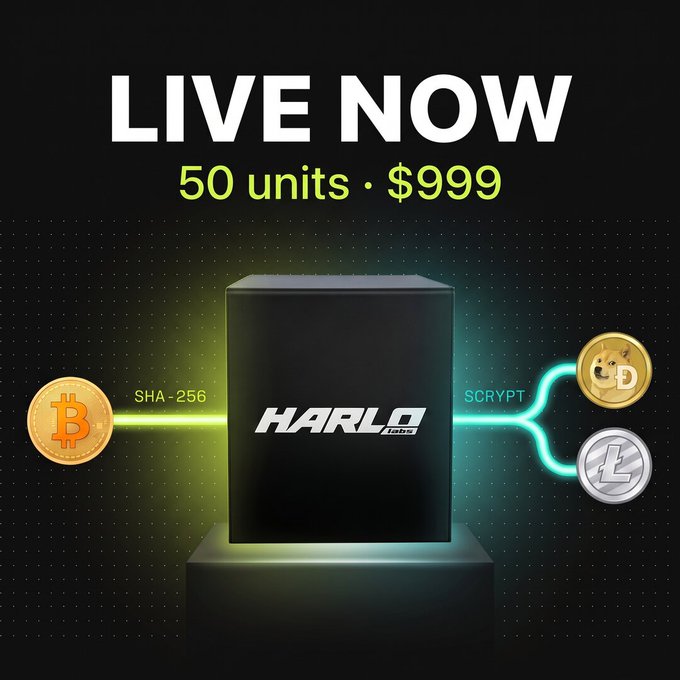 A promotional graphic with 'LIVE NOW' in white text and '50 units · $999' in yellow, showing a black box labeled 'HARLO labs' connected by glowing lines to Bitcoin (SHA-256), Dogecoin, and Litecoin (SCRYPT).