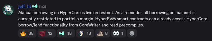 A Discord post from **jeff.hl** at **11:05** announces that manual borrowing on **HyperCore** is live on testnet, while mainnet borrowing is limited to portfolio margin. This supports the described **$HYPE** strategy: buy spot and short the equivalent in perps, earn **10% funding**, and borrow up to **55% at 5% interest**.