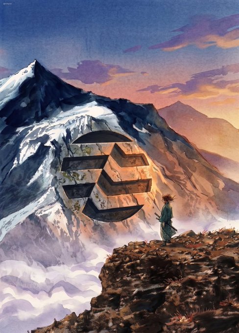 A lone traveler stands on a rocky cliff at sunset, gazing up at a tiered stone monument carved into a snow-capped mountain peak—symbolizing the relentless climb toward new heights, mirroring the post's message of breaking transaction and volume records on Aptos and DecibelTrade.