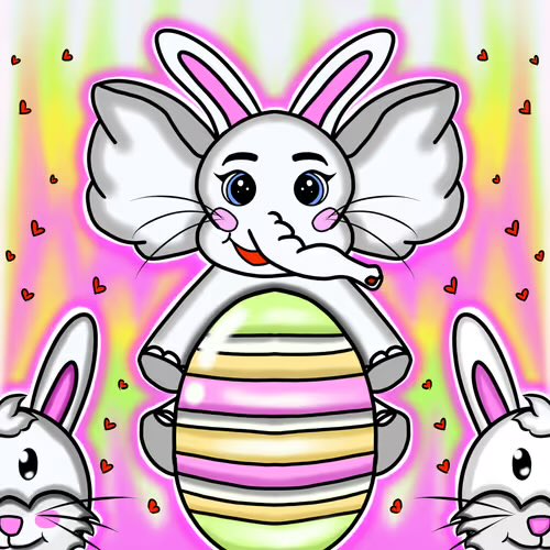 A cartoon illustration of a white bunny with pink cheeks hugging a striped Easter egg, surrounded by hearts and two smaller bunny characters on a rainbow background.