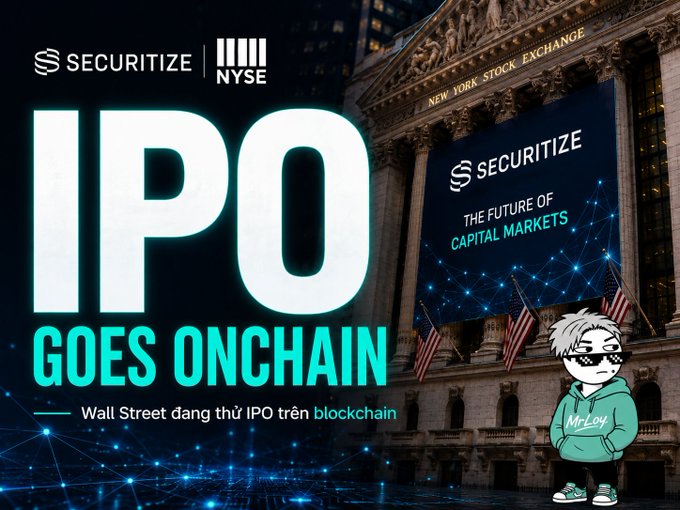 A graphic announcing 'IPO GOES ONCHAIN' featuring Securitize and the NYSE logo, noting that Wall Street is conducting its first IPO on blockchain, with an anime-style character labeled 'Mr.Loy' in the corner.