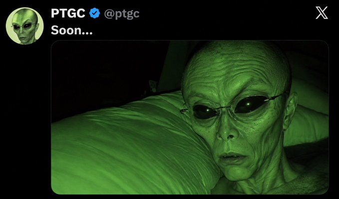 A social media post from account 'PTGC @ptgc' with the text 'Soon...' showing an image of a person with green-tinted skin and dark glasses.