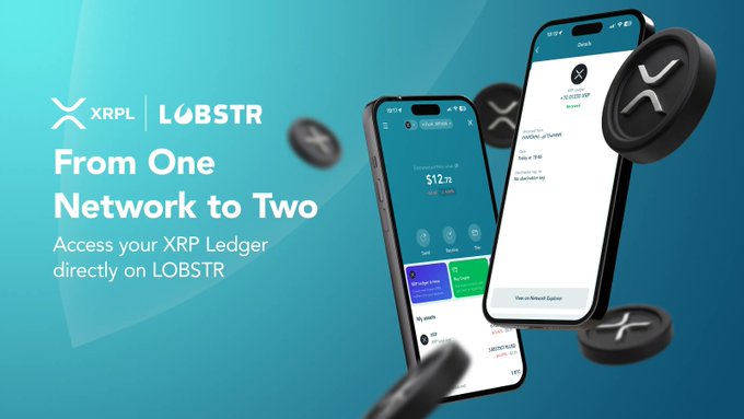 The image features two cell phones with a text overlay that reads "From One Network to Two" and "Access your XRPL Ledger directly on LOBSTR". The background of the image is blue, which complements the white text on the phones.