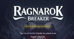 The image features a poster for the game "Ragnarok Breaker" that has a dark blue background with white text. The title of the game is displayed at the top of the poster, along with an invitation for players to join the pre-registration open event. The poster also includes a link to the game's website and a message encouraging players to invite friends to join in on the fun.