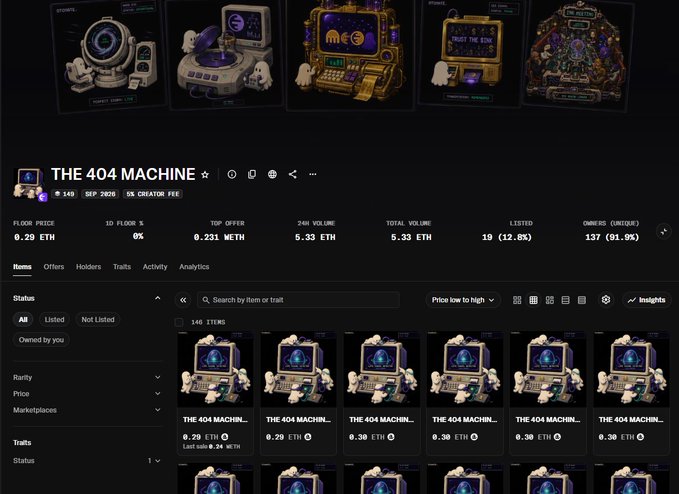 An OpenSea NFT collection page for "THE 404 MACHINE," showing stats like a 0.29 ETH floor price, 9.33 ETH volume, and 137 owners.
