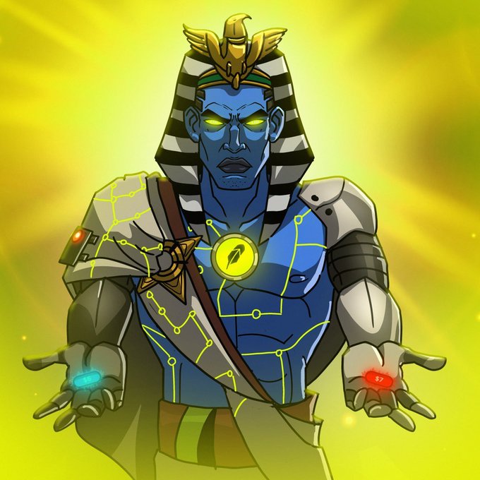 A digital illustration depicts a muscular blue-skinned pharaoh character with glowing yellow eyes, adorned in armored attire with circuit-like patterns and holding glowing orbs in his hands against a green background.