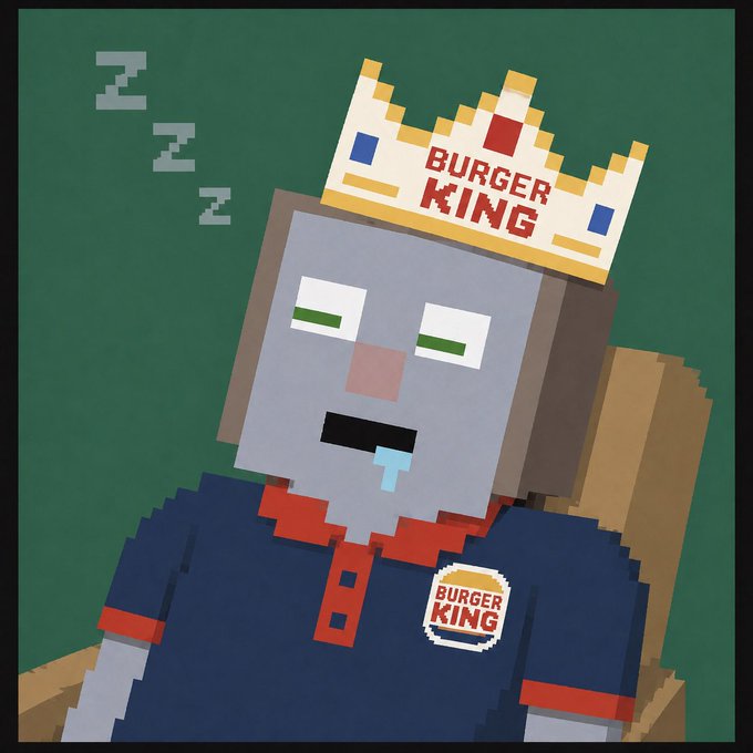 Pixel art illustration of a character wearing a "Burger King" paper crown and uniform, drooling while sleeping (indicated by 'Z's).