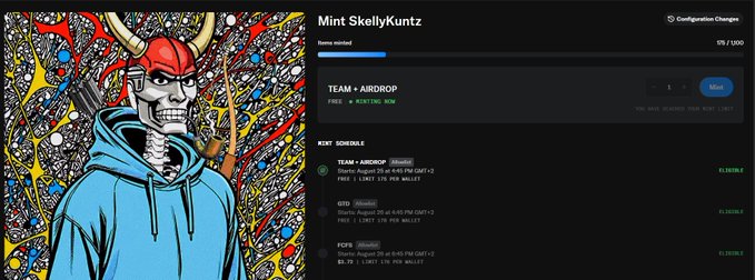 A mint page for 'Mint SkellyKuntz' showing a TEAM + AIRDROP mint option, with a colorful illustration of a skeletal figure in a red horned helmet and blue hoodie, alongside a mint schedule listing team, airdrop, and public sale rounds.