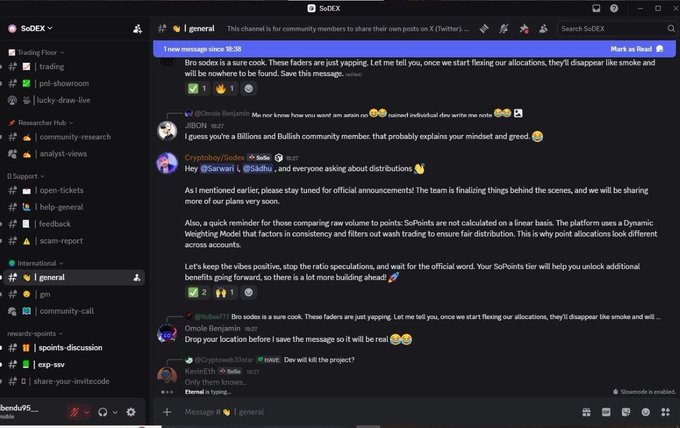 A Discord channel called 'general' within the SoDEX server, featuring a pinned message from Bro sodax about fading allocations and discussions regarding SoPoints and wash trading.