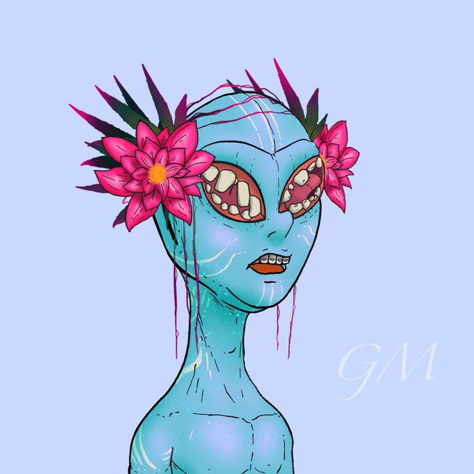 Digital illustration of a blue-skinned humanoid figure with spiky dark hair, large toothy eyes, and pink flowers adorning its head, signed 'GM' on a light blue background.