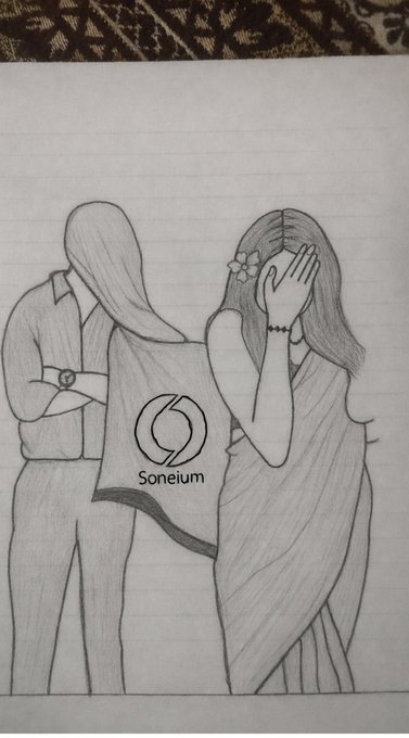 A pencil sketch on lined paper depicting a man and a woman in a sari, with the woman covering her face with her hand; a logo for 'Soneium' is drawn between them.