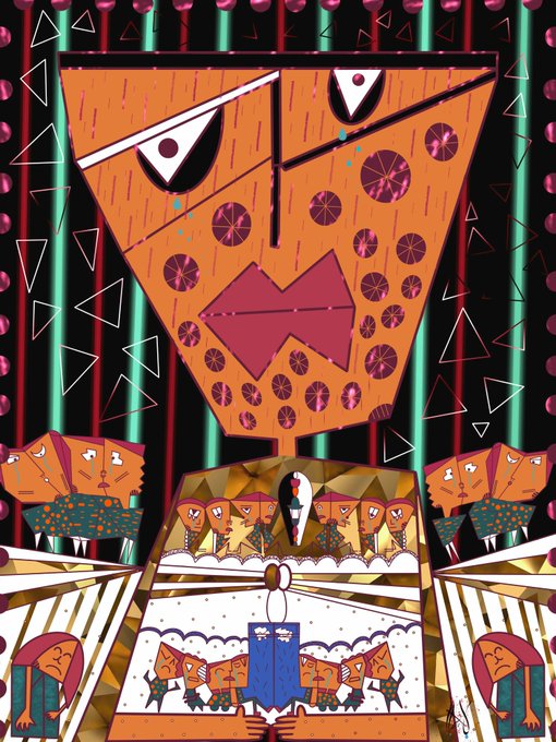 A vibrant, stylized digital illustration of a large orange pizza-like triangle with a face, surrounded by small humanoid characters in a geometric, colorful setting.