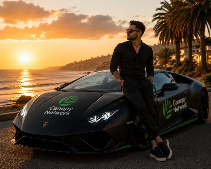 The image features a man sitting next to a black Lamborghini sports car with a green leaf design, possibly at an event or gathering. The car has the words "CNPY Network" written on its side, indicating that this could be related to a company named CNPY Network. The man is dressed in a suit and tie, which adds to the overall formal atmosphere of the scene. The setting appears to be outdoors with palm trees visible in the background, suggesting an event or gathering taking place at a beach or similar location.