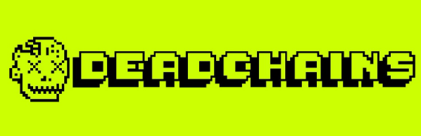 A pixel-art style banner with a bright yellow-green background showing a skull character and the text 'DEADCHAINS' in black blocky letters.