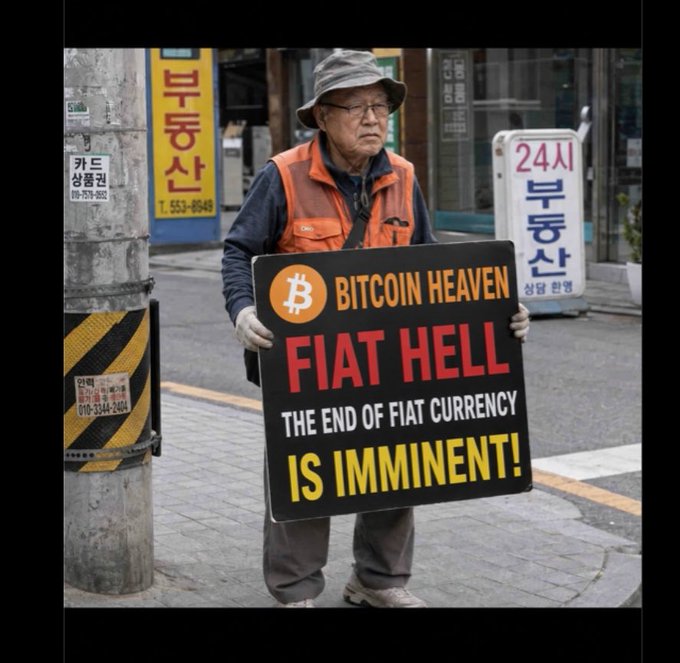 An elderly man on a Korean street holds a sign reading 'BITCOIN HEAVEN FIAT HELL THE END OF FIAT CURRENCY IS IMMINENT!' next to a utility pole.
