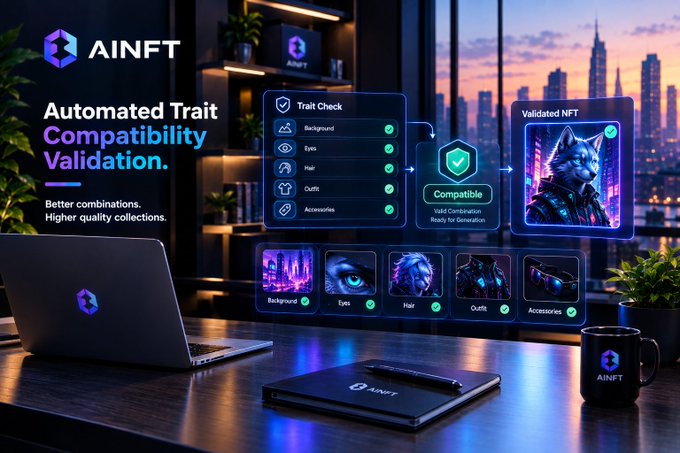 Promotional graphic for 'AINFT' featuring 'Automated Trait Compatibility Validation', showing a workflow for checking traits like Background, Eyes, and Hair to generate a 'Validated NFT' of a cyberpunk wolf character.