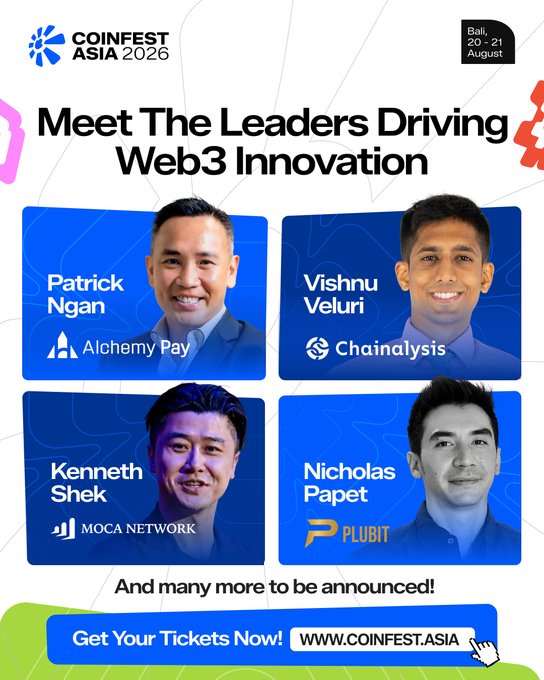 Promotional graphic for Coinfest Asia 2026 in Bali (20-21 August) featuring speakers Patrick Ngan (Alchemy Pay), Vishnu Veluri (Chainalysis), Kenneth Shek (MOCA Network), and Nicholas Papet (Plubit), with a call to get tickets at www.coinfest.asia.
