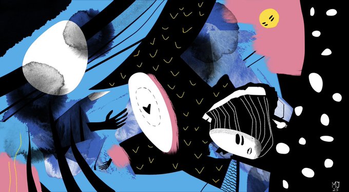 The image features a cartoon girl with a black hat, wearing a pink dress, standing against a blue sky filled with clouds. The girl has a heart-shaped design on her dress, adding a touch of love to her appearance. The background is a mix of white and blue colors, creating an artistic atmosphere. The post also mentions that the image was created by "GM #TEZOSTUESDAY" and has been shared 150 times, indicating its popularity among art enthusiasts.
