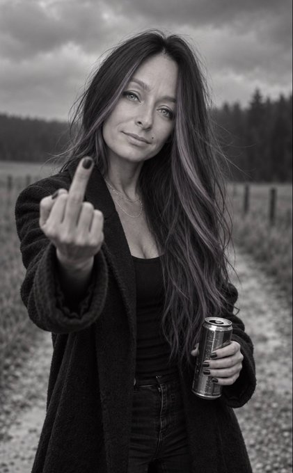 A black and white photograph of a woman with long hair wearing a dark coat, raising her middle finger while holding a beverage can, standing in an outdoor setting.