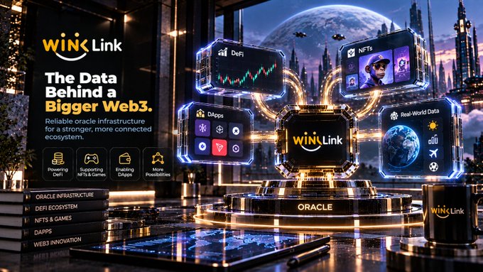 A promotional graphic for 'WINkLink' featuring the tagline 'The Data Behind a Bigger Web3' and sections for DeFi, NFTs, DApps, and Real-World Data, with an 'ORACLE' platform in the center.