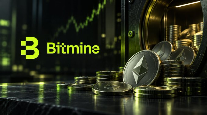 A promotional graphic for Bitmine featuring gold coins and Ethereum tokens in front of a safe, with an upward-trending stock chart in the background.