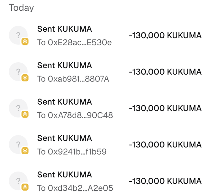 A transaction history screenshot displays five consecutive "Sent KUKUMA" transfers of -130,000 KUKUMA each, sent today to various wallet addresses (including 0xE28ac..., 0xab981..., 0xA78d8..., 0x9241b..., and 0xd34b2...), visually confirming the distribution of the 130,000 $KUKUMA tokens per wallet as advertised in the "Golden Toad" airdrop promotion.
