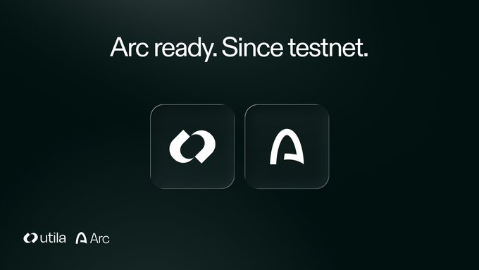 A dark promotional graphic with the text "Arc ready. Since testnet." showing two app icons for Utila and Arc, with the Utila and Arc logos appearing at the bottom left.