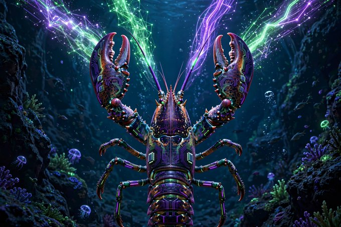 A vibrant, psychedelic digital artwork depicts a luminescent lobster with neon circuits on its shell, raising its claws amid glowing green and purple energy beams in an underwater coral reef.