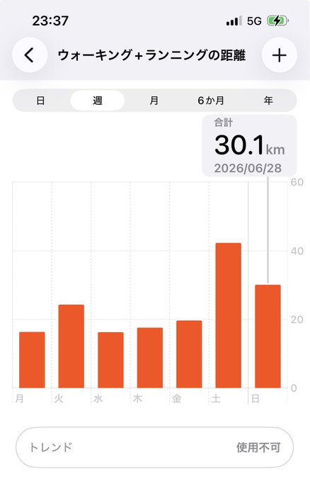 An Apple Health-style iPhone screenshot in Japanese showing a weekly walking+running distance totaling 30.1km for the week of 2026/06/28.
