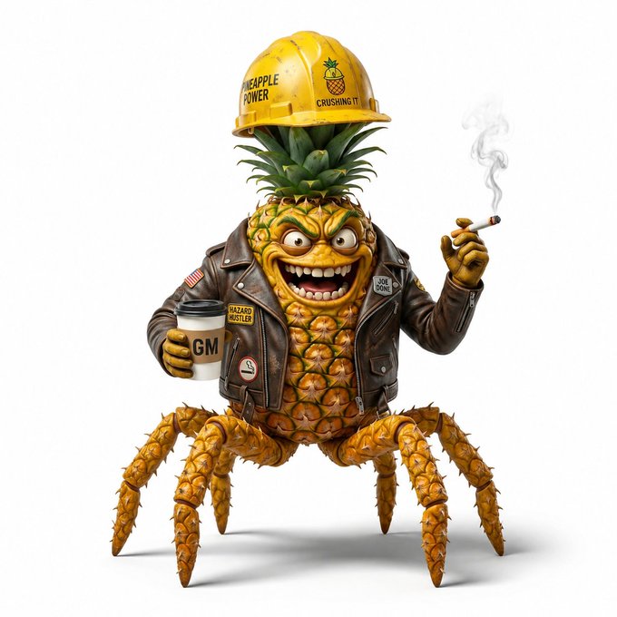 The image features a cartoon pineapple character wearing a hard hat, holding a cup of coffee and smoking a cigarette. The caption below the image reads "Gm to all legends of web3", which suggests that there might be some connection between the pineapple character and the world of cryptocurrency or blockchain technology.