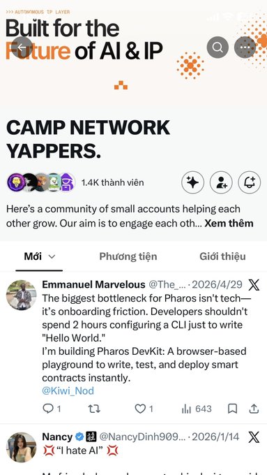 Screenshot of an X (Twitter) community page titled 'CAMP NETWORK YAPPERS' with 1.4K members, featuring posts from Emmanuel Marvelous and Nancy about Pharos DevKit and AI.