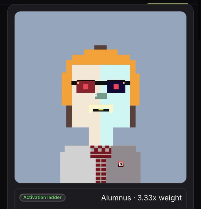 A pixel art illustration of a pale character with orange hair and sunglasses, with text reading 'Activation ladder' and 'Alumnus · 3.33x weight'.