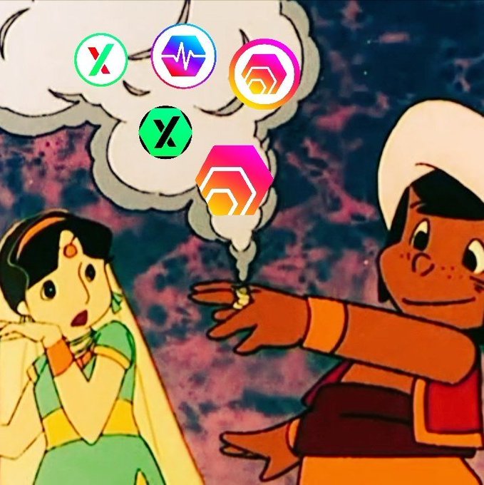 A vintage anime-style illustration shows a young boy pointing at a magical smoke cloud containing crypto logos (PulseChain, PulseX, and HEX), impressing a surprised girl, playfully reinforcing the post's "Dream big and believe in magic" message tied to the #HEX, #PulseChain, and #pulsex tags.