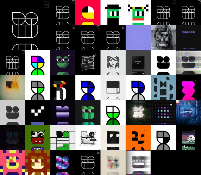 A grid collage of various pixel art and digital artwork featuring abstract characters, faces, and stylized designs in bold colors.