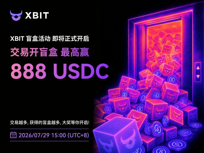XBIT promotional graphic for a blind box trading event offering up to 888 USDC, scheduled for July 29, 2026 at 15:00 (UTC+8), with the slogan '交易越多,获得的盲盒越多,大奖等你开启!'