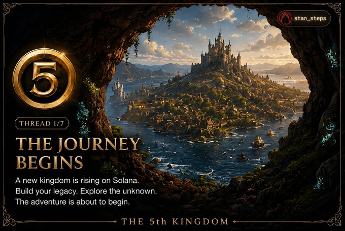 The image features a poster for a video game called "The Journey Begins". The poster showcases a castle surrounded by mountains and water, with the title of the game displayed at the top. Below this, there are two lines of text that read "The 5th Kingdom" and "The 5th Kingdom begins", indicating the game's title and its release date. The poster also includes a link to an article about the game on StarSteps, which provides information about the game's gameplay mechanics and how it can be used as part of a larger gaming community.