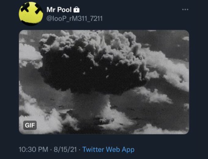 A tweet from "Mr Pool" (@looP_rM311_7211) displays a black-and-white GIF of a massive mushroom cloud explosion, reinforcing the post's emphatic "BOOOOOM!!" warning to those who sold XRP for other cryptocurrencies, asserting XRP's dominance as the singular cross-border settlement bridge.