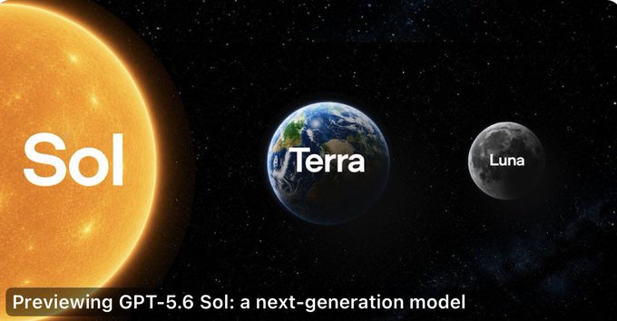 The image shows the Sun ("Sol"), Earth ("Terra"), and Moon ("Luna") lined up in space, with the caption "Previewing GPT-5.6 Sol: a next-generation model." The post highlights the coincidental use of "Luna" and "Terra" — names that famously belong to failed cryptocurrencies (Terra-Luna), making the celestial lineup feel ominously prescient through a crypto-world lens.