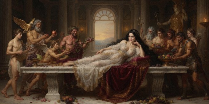 A classical painting depicting a reclining woman in white robes surrounded by mythological figures, cherubs, and offerings of fruit in a grand columned hall.