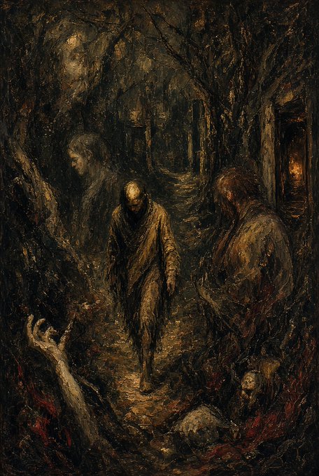A dark, atmospheric oil painting depicting shadowy, ghostly figures in a murky, twisted forest setting reminiscent of Henry Fuseli's style.