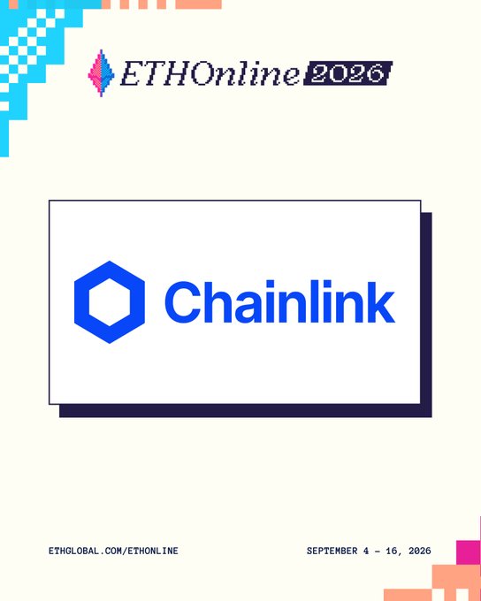 Promotional graphic for 'ETHOnline 2026' featuring the 'Chainlink' logo prominently, with event details 'ETHGLOBAL.COM/ETHONLINE' and 'SEPTEMBER 4-16, 2026' at the bottom.